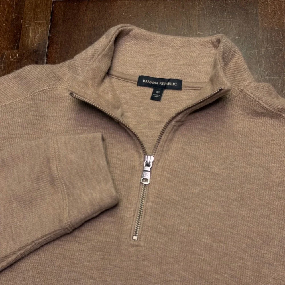 Banana Republic Quarter Zip Pullover Mens M Tan Textured Cotton Blend 1799236